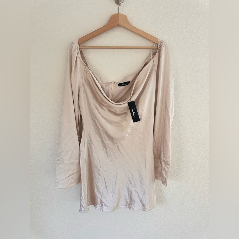 Lulus Sensational Fate Champagne Satin Cowl Neck Mini Dress - Picture 7 of 9